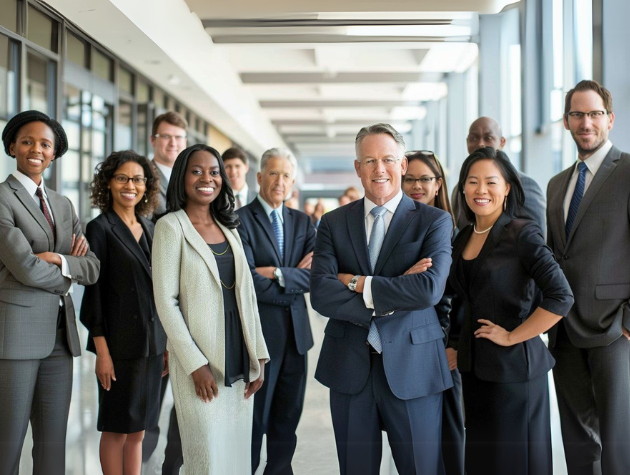 future-ready-in-house-legal-team A modern in-house legal team collaborating in a high-tech office, analyzing data and legal strategies