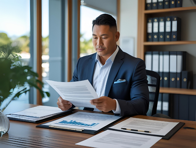 Experienced in-house lawyer reviewing legal documents in a modern office