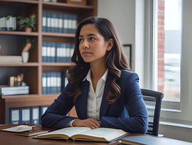 A lawyer in a calm office setting taking a break to reflect and recharge