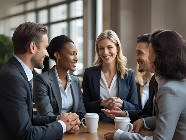 Group of legal professionals networking and conversing at a professional event, representing relationship-building strategies in law.