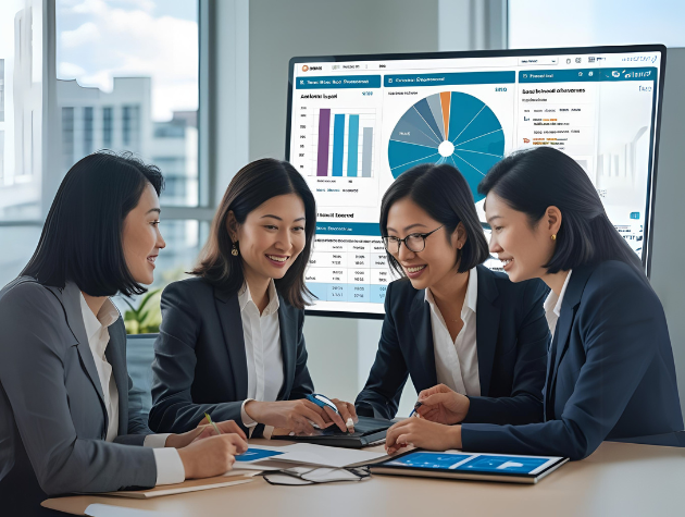 In-house legal professionals collaborating around a digital dashboard showing legal performance metrics.