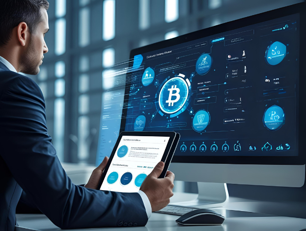 In-house counsel reviewing Web 3.0 legal strategy on a digital tablet with blockchain graphics