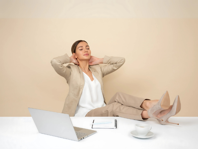 In-house lawyer practicing mindfulness at her desk, promoting wellness and balance in the legal profession