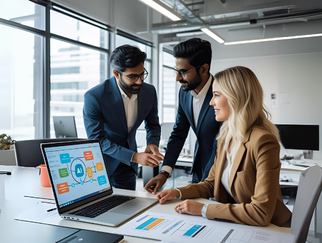 Legal professionals discuss AI agents for in-house workflows at a modern workspace