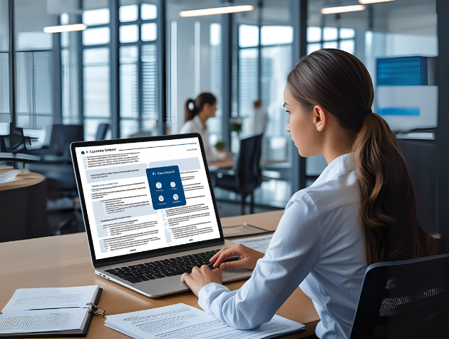 In-house lawyer using ChatGPT on a laptop in a modern legal office, evaluating ethical use of AI for legal support
