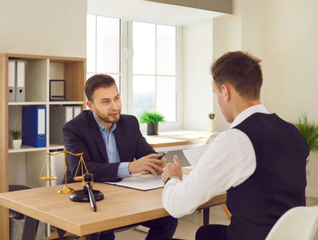 Lawyer escalating a legal document to senior counsel for review in an office setting.