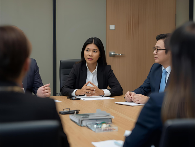 General counsel presenting AI governance risks to board members in a corporate boardroom.