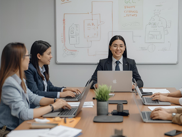 General counsel and cross-functional team collaborating in a workplace to draft an AI governance policy.