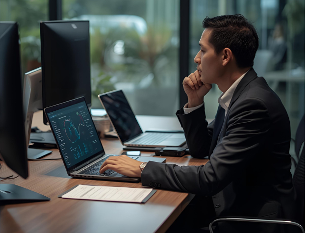 In-house lawyer analyzing AI-generated data on a laptop, reflecting how human judgment and time are the scarce resources in the AI era.