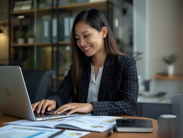 In-house lawyer in a workplace reviewing digital policy and data governance documents on a laptop.