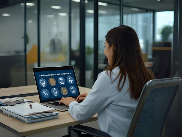 Lawyer in a workplace reviewing biometric AI compliance documents under the EU AI Act on a laptop.