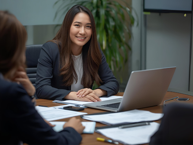 In-house lawyer in a meeting with colleagues, reviewing compliance documents and preparing for AI audits with a laptop open on the table.