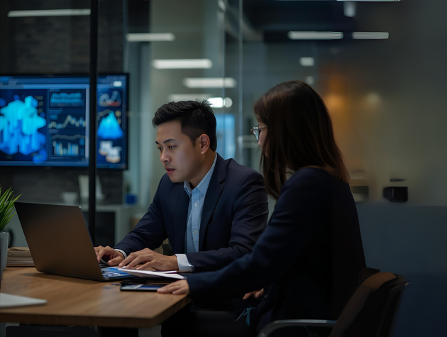 In-house lawyers reviewing AI compliance documents on a laptop, reflecting the challenge of navigating mid-level risks under the EU AI Act.