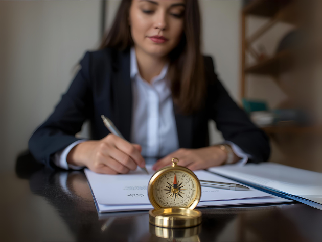 Lawyer at an office desk with a compass beside documents, symbolizing direction in in-house legal career development.