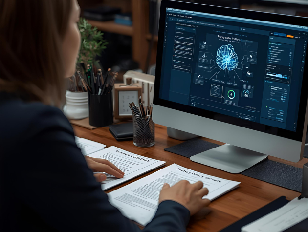 Lawyer in a workplace reviewing printed documents with a laptop open to AI-generated text.