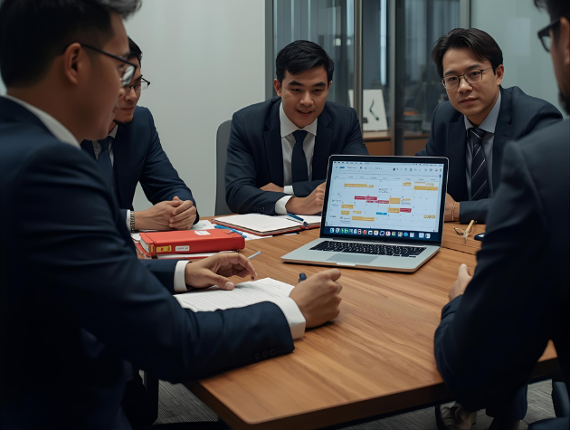 Lawyers in suits reviewing a red book and a laptop with a digital calendar, illustrating the shift from traditional scheduling to AI-enabled legal tools.