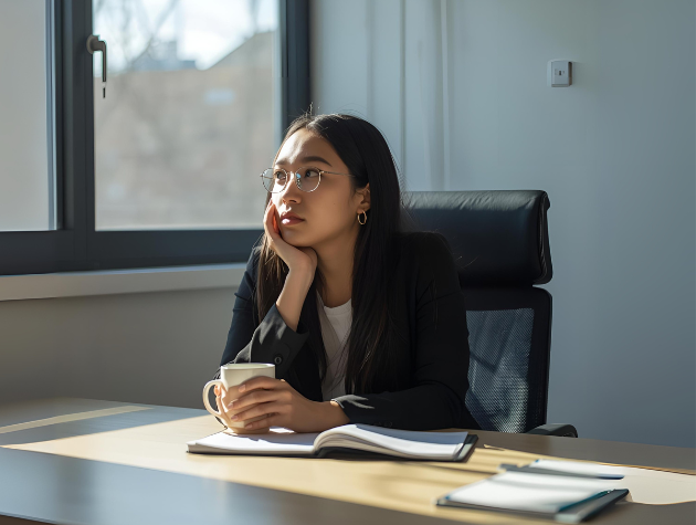 In-house lawyer sitting at an office desk, pausing thoughtfully with coffee, symbolizing mental health and reflection in legal careers.