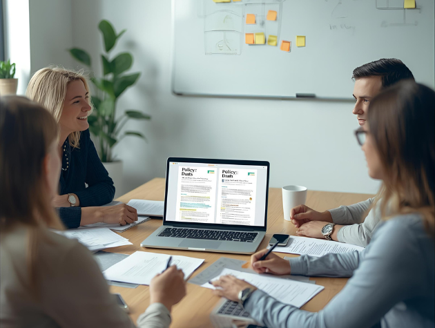 Legal team in an office reviewing AI-generated policy comparisons on a laptop and printed documents.