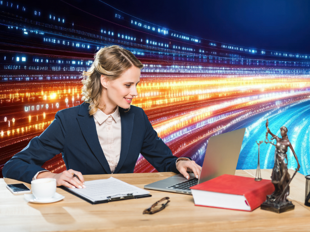 Lawyer with illuminated background symbolizing legal data zones and access control.