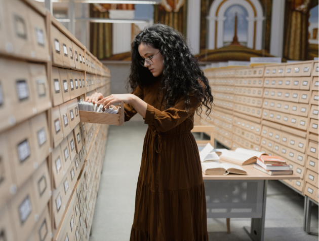 A woman sorting files in a large archive room, symbolizing thoughtful data retention and information management in the AI era.