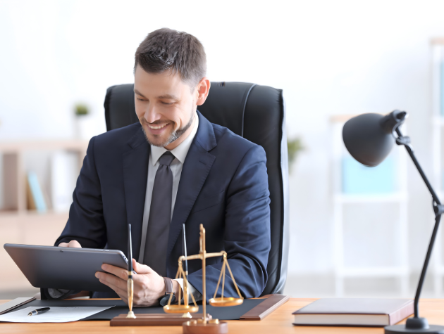 In-house lawyer reviewing legal work on a tablet with AI-assisted tools