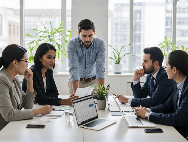 In-house legal team discussing access to justice risk during a collaborative meeting