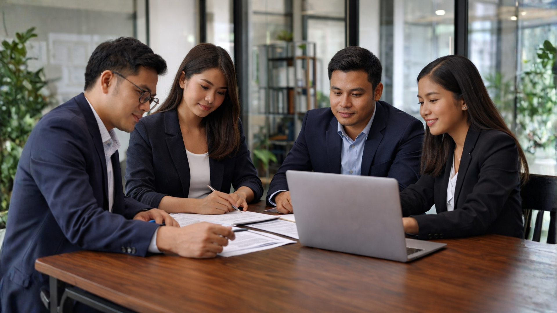 In-house legal team reviewing documents together in a modern office environment