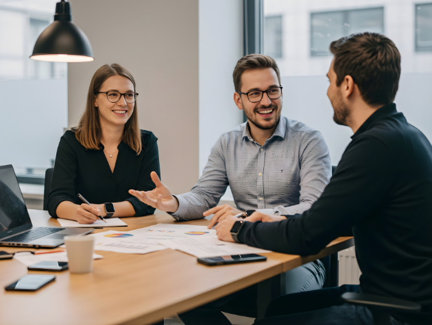In-house legal professionals having a thoughtful discussion in a modern office environment