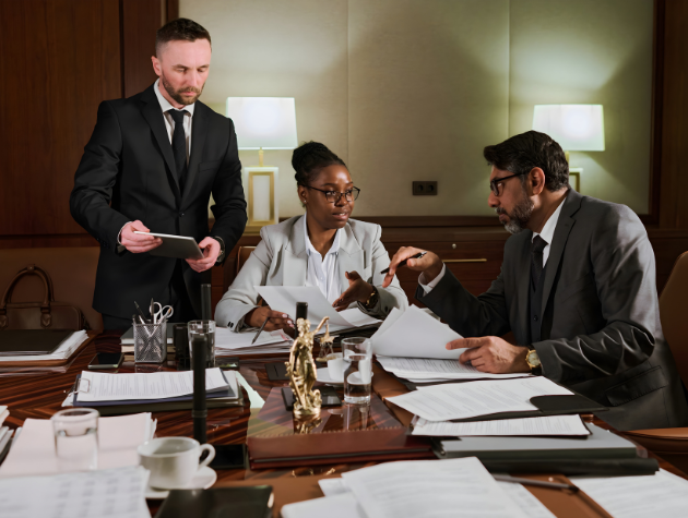 In-house legal team reviewing documents and discussing ethical decisions in a professional office