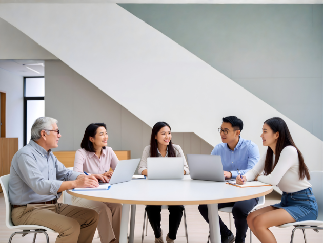 In-house legal team collaborating around a table with laptops in a modern workplace