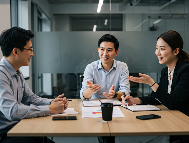 In-house legal professionals collaborating in a modern office discussing legal innovation and strategic decision-making.