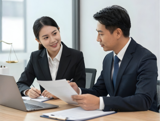 In-house counsel discussing business strategy while reviewing documents in a corporate office