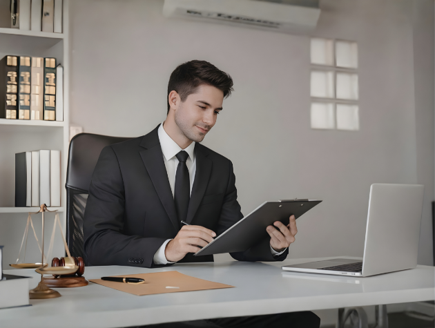 In-house counsel reviewing legal documents in a corporate office