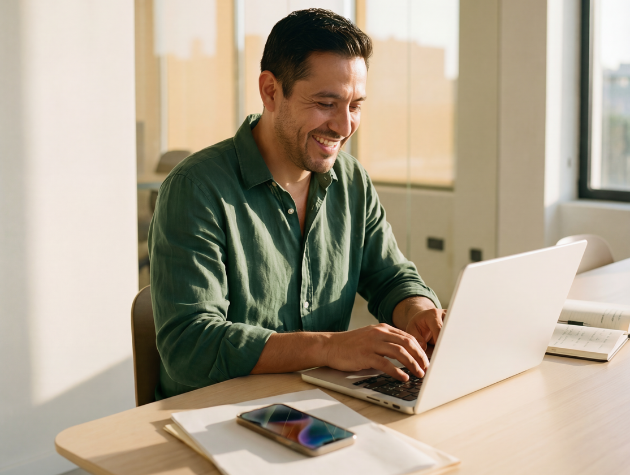 Professional working on a laptop in a modern office setting